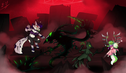 anthro black_nose city claws clothed clothing collar destruction fangs female fight fur glowing glowing_eyes green_body green_fur group hair magic male multicolored_body multicolored_fur nude piercing purple_hair red_sclera simple_background spikes teeth two_tone_body two_tone_fur white_body white_fur wings e-01 hellverse mythology inclementia praedo zero_one canid canid_demon canine canis demon hellhound mammal mythological_canine mythological_creature shadow_creature wolf zerian_(species) digital_media_(artwork) hi_res
