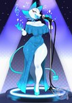 anthro big_breasts blush blush_stickers breasts cleavage clothed clothing dress electronics eyes_closed female floating_hands machine microphone open_mouth singing solo thick_thighs wide_hips emmet_twunks deltarune undertale_(series) tasque_manager android darkner felid feline mammal robot hi_res