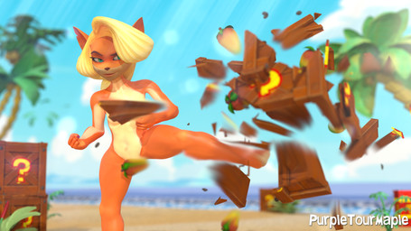 4_fingers anthro beach blonde_hair box breasts brown_nose container convenient_censorship crate eyelashes female fingers food front_view fruit fur green_eyes hair kick navel nude orange_body orange_fur palm_tree plant sea sky solo tan_body tan_fur thick_thighs tree water wide_hips wooden_box wumpa_fruit purpletourmaple jawsfm_(modeler) activision crash_bandicoot_(series) tawna_bandicoot bandicoot mammal marsupial 16:9 3d_(artwork) digital_media_(artwork) hi_res widescreen