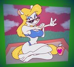 anthro bikini blonde_hair blue_eyeshadow breasts cleavage clothed clothing cloud eyeshadow eyewear female fur grass hair makeup plant sitting sky small_waist smug solo sunglasses suntan swimwear two-piece_swimsuit white_body white_fur gavanzude animaniacs warner_brothers minerva_mink mammal mink mustelid musteline true_musteline alternate_version_at_paywall digital_drawing_(artwork) digital_media_(artwork) hi_res signature