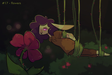 anthro body_hair clothed clothing curly_hair detailed_background flower glowing glowing_eyes hair male mind_control plant restrained restrained_by_vines ringed_eyes solo suspension thorns ofthestarlesssea hypnovember hypnovember2025 morgan_(ofthestarlesssea) lagomorph leporid mammal rabbit 3:2 hi_res nonbinary_(lore)