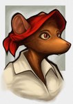 anthro brown_body brown_fur clothed clothing female fur hat headgear headwear red_clothing red_eyes red_hat red_headwear shirt solo teeth topwear white_clothing white_shirt white_topwear gompami tooth_and_tail hopper_(tnt) mammal murid murine rat rodent bust_portrait colored hi_res portrait shaded