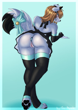anal anal_penetration anthro blush bottomless bottomwear butt butt_focus buttplug buttplug_in_ass buttplug_insertion clitoris clothed clothing female footwear fur gem genitals hair jewel_buttplug legwear lingerie maid_uniform object_in_ass pawpads penetration plug_(sex_toy) plug_insertion presenting presenting_vulva rear_view sex_toy sex_toy_in_ass sex_toy_insertion simple_background skirt smile socks solo thigh_highs thigh_socks uniform upskirt vulva hax-the-monster canid canine fox mammal 2017 hi_res