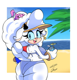 1_eye afro ambiguous_gender anthro beach beverage big_breasts big_butt bikini blue_eyes blue_sclera bracelet breasts butt clothing cocktail_garnish cocktail_umbrella container cup detailed_background drinking_straw duo ear_piercing ear_ring eyelashes female floppy_ears fluffy fluffy_tail fur glass glass_container glass_cup gold_(metal) gold_jewelry grey_bikini grey_clothing grey_swimwear hair hat headgear headwear horn huge_butt jewelry looking_at_viewer looking_back musical_note musical_symbol open_mouth open_smile orange_eyes palm_tree piercing pink_nose plant purple_body rear_view ring_piercing sand sea smile solo_focus sun swimwear symbol tail tree two-piece_swimsuit visor_cap water white_body white_fur white_hair wide_hips wool_(fur) lonercroissant idw_publishing sega sonic_the_hedgehog_(comics) sonic_the_hedgehog_(idw) sonic_the_hedgehog_(series) lanolin_the_sheep_(sonic) maggie_(sonic) alien bovid caprine magenta_wisp_(sonic) mammal sheep wisp_(sonic) 2025 portrait signature three-quarter_portrait