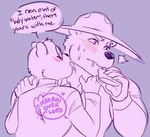 anthro biped blush clothing dialogue drinking duo eyewear glasses hat headgear headwear licking shirt surprise text tongue tongue_out topwear dongoverlord unicorn_wars padre_(unicorn_wars) sargento_caricias bear mammal 2023 english_text