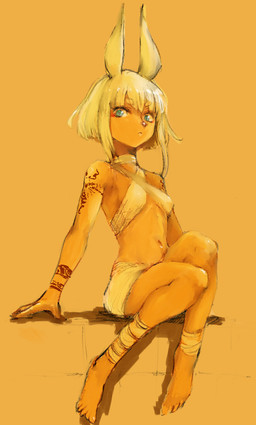anthro arm_support arm_tattoo bandeau biped breasts clothed clothed_anthro clothed_female clothing criss-cross_bandeau feet female female_anthro hair humanoid_feet humanoid_hands leg_wraps long_ears plantigrade simple_background sitting solo tattoo three-quarter_view topwear wraps hirokazu canid mammal 2016 digital_media_(artwork) japanese_description warm_colors