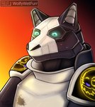 armor dracoloup_co glowing glowing_eyes science_fiction solo wolfywetfurr_(artist) greypolf canid canine mammal bust_portrait portrait