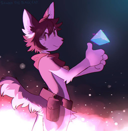 anthro bell belt brown_hair grey_body hair kerchief looking_at_viewer male neckerchief neckwear red_kerchief red_neckerchief short_hair solo text koiyaroid canid canine canis domestic_dog husky mammal nordic_sled_dog spitz artist_name