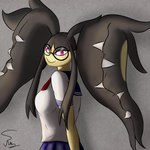 anthro black_hair bottomwear breasts clothed clothing eyewear female freckles glasses hair not_furry pink_eyes round_glasses school_uniform shirt simple_background skirt smile solo teeth topwear uniform yellow_body yellow_skin rusoide nintendo pokemon generation_3_pokemon humanoid mammal mawile pokemon_(species) 1:1 hi_res