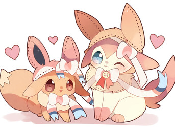 ambiguous_gender blue_eyes blush brown_body brown_eyes brown_fur clothed clothing cosplay duo feral fur heart_symbol looking_at_viewer multicolored_body multicolored_fur one_eye_closed open_mouth pink_body pink_fur simple_background sitting tail two_tone_body two_tone_fur white_background white_body white_fur yupo_0322 nintendo pokemon eevee eeveelution generation_1_pokemon generation_6_pokemon pokemon_(species) sylveon colored colored_sketch digital_drawing_(artwork) digital_media_(artwork) hi_res shaded sketch