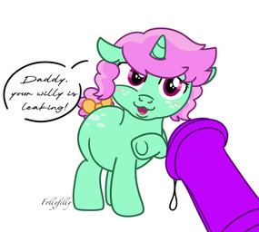 accessory animal_genitalia animal_penis blush bodily_fluids bow_ribbon butt dripping duo equine_genitalia equine_penis female feral freckled_butt freckles furgonomics genital_fluids genitals horn imminent_rape imminent_sex implied_incest male male/female offscreen_character penis precum precum_drip quadruped ribbons simple_background speech_bubble tail tail_accessory tail_bow tail_ribbon text white_background young young_female young_feral follyfilly hasbro my_little_pony mythology acid_rave puppychow equid equine horse mammal mythological_creature mythological_equine pony unicorn hi_res incest_(lore) incestuous_temptation_(lore)