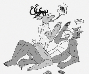 anthro anthro_on_anthro antlers apology blush casual_sex claws cowgirl_position duo feet from_front_position horn humor implied_knotting male male/male on_bottom on_top pain sex shocked tattoo spicedpopsicle beastars uno legoshi_(beastars) louis_(beastars) canid canine canis deer mammal wolf hi_res
