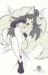 anthro bed breasts clothing feet female flashing furniture hair japan japanese legwear looking_at_viewer lying lying_on_bed multi_tail nipples on_bed paws pose solo tail teasing text fleet-foot inari canid canine fox mammal 2017 absurd_res digital_drawing_(artwork) digital_media_(artwork) english_text hi_res pinup