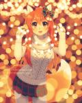 abstract_background accessory animal_humanoid blush bottomwear bow_(feature) bow_accessory bow_ribbon brown_eyes canid canid_humanoid canine canine_humanoid christmas_lights clothed clothing dav-19 female fluffy fluffy_tail fox fox_humanoid fox_tail front_view fully_clothed hair hair_accessory hair_bow hair_ribbon happy holding_object humanoid legwear looking_at_viewer mammal mammal_humanoid orange_theme patricia_(dav-19) red_fox red_hair ribbons simple_background skirt smile solo standing sweater tail text thigh_highs topwear true_fox url warm_colors watermark
