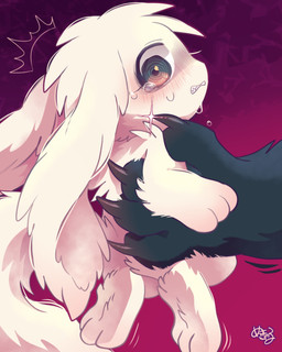 3_fingers 3_toes 4_fingers ambiguous_gender anthro arm_tuft biped black_body black_claws black_fur blush bodily_fluids chibi claws clenched_teeth crying disembodied_hand duo elbow_tuft emanata faceless_ambiguous faceless_anthro faceless_character feet finger_claws fingers floppy_ears fluffy fluffy_ears fluffy_tail fur glint glistening glistening_claws head_tuft hindpaw kemono larger_ambiguous larger_anthro lifted lifting long_ears looking_at_another lop_ears monotone_body monotone_fur monotone_tail nude paws pink_background pink_eyes pink_inner_ear predator/prey pupils purple_pupils scared semi-anthro side_view simple_background size_difference smaller_ambiguous smaller_anthro spiral spiral_eyes sweat sweatdrop tail tears teeth toes tuft white_body white_ears white_fur white_tail mekkyaru black_monster_(mekkyaru) inochi_(mekkyaru) canid canine lagomorph mammal 4:5 colored digital_media_(artwork) full-length_portrait hi_res portrait shaded signature