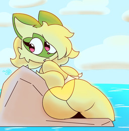 anthro beach big_breasts big_butt breasts butt cleavage clothed clothing eyelashes fangs female fur green_body green_fur looking_at_viewer looking_back lying makeup outside panties pseudo_hair rear_view red_eyes rock shoulderless_shirt solo teeth thick_thighs underwear water crystalstic nintendo pokemon liana_(crystalstic) generation_9_pokemon pokemon_(species) sprigatito 2025 digital_media_(artwork) hi_res
