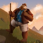 anthro bottomwear clothing detailed_background hiking male mountain outside overweight overweight_male shirt shorts solo topwear korouxus bear mammal 1:1 2023 absurd_res hi_res