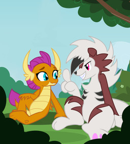 alternate_universe chatting cloud duo plant shrub sky smile tail teeth tree succubi_samus friendship_is_magic hasbro my_little_pony mythology nintendo pokemon smolder_(mlp) canid canine dragon generation_7_pokemon lycanroc mammal midnight_lycanroc mythological_creature mythological_scalie pokemon_(species) scalie hi_res