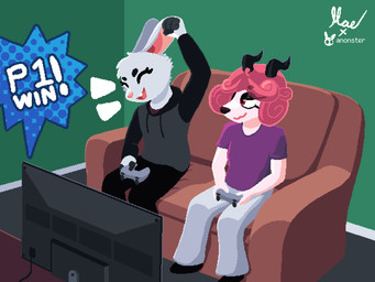 anthro biped black_bottomwear black_clothing black_eyebrows black_horn black_nose black_pants bottomwear brown_sofa cheering clothing controller curly_hair duo electronics eyebrows eyeshadow female fingerless_(marking) fur furniture game_controller gaming grey_bottomwear grey_clothing grey_hoodie grey_pants grey_sweatpants grey_topwear hair hoodie horn inside long_ears makeup male on_sofa open_mouth open_smile pants pink_body pink_eyes pink_fur pink_hair pink_nose playing_video_game pleased_expression purple_clothing purple_shirt purple_topwear red_clothing red_shirt red_topwear shirt sitting sitting_on_sofa smile sofa speech_bubble sweatpants t-shirt television topwear white_body white_fur yelling anonster lucas_(anonster) blanc_de_hotot bovid caprine domestic_rabbit lagomorph leporid mammal oryctolagus rabbit sheep 4:3 artist_collaboration digital_media_(artwork) halftone hi_res pixel_(artwork) watermark