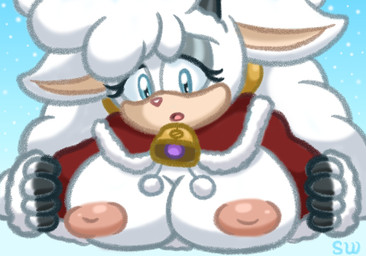 anthro areola bell big_breasts breast_squish breasts christmas_clothing clothed clothing countershade_face countershading female front_view fur hair holidays long_hair looking_down nipples open_mouth partially_clothed solo squish tan_body tan_countershading tongue white_body white_fur white_hair wool_(fur) wool_hair shadowwalk christmas idw_publishing sega sonic_the_hedgehog_(comics) sonic_the_hedgehog_(idw) sonic_the_hedgehog_(series) lanolin_the_sheep_(sonic) bovid caprine mammal sheep 2025