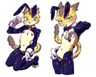 anthro blush clothing costume fake_ears fake_rabbit_ears featureless_crotch fur green_eyes male markings pasties reverse_bunny_costume solo spots spotted_body spotted_fur yellow_body yellow_fur young young_anthro young_male syousinman lifewonders tokyo_afterschool_summoners ose_(tas) felid leopard mammal pantherine hi_res