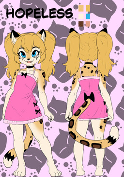 anthro barefoot black_ears black_eyebrows black_finger_claws blue_eyes claws clothing collarbone digitigrade dress dress_only eyebrows feet female finger_claws fingers fur hair markings open_mouth open_smile pink_clothing pink_dress pink_tongue smile spots spotted_body spotted_fur spotted_markings spotted_tail tail tail_markings tongue young young_anthro joykill hopeless_(joykill) cheetah felid feline mammal hi_res model_sheet