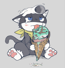 3_toes ambiguous_gender anthro biped black_body black_fur blue_eyes blush bodily_fluids crying dessert disembodied_hand duo feet food fur grey_background half-closed_eyes hindpaw ice_cream ice_cream_cone kerchief male markings mask narrowed_eyes neckerchief neckwear pawpads paws petting shortstack shortstack_male simple_background solo_focus tail tears toes tongue tongue_out toony waffle_cone white_body white_fur yellow_kerchief yellow_neckerchief sawarakasudzuke atlus megami_tensei persona_(series) persona_5 sega morgana_(persona) domestic_cat felid feline felis mammal tuxedo_cat digital_media_(artwork) hi_res male_(lore)