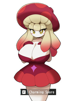blush breasts cleavage clothed clothing dress female fungus mushroom_head red_clothing red_dress simple_background white_body white_skin yellow_eyes vadaboob palworld pocketpair mycora elemental_creature fungi_fauna pal_(species) 3:4 animated animated_gif short_playtime