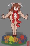5_fingers anthro breasts brown_eyes brown_hair brown_hooves emanata featureless_crotch female fingers flower front_view fur grey_background hair hooves long_hair mostly_nude mostly_nude_anthro mostly_nude_female mouth_closed navel plant red_scarf scarf scarf_only simple_background smile solo tan_body tan_fur derpyfox_36 doe_(alfa995) deer mammal 2023 absurd_res digital_drawing_(artwork) digital_media_(artwork) full-length_portrait hi_res portrait