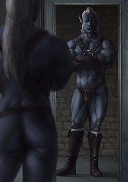 armlet blue_body boots bulge clothing collar crossed_arms ear_piercing ear_ring footwear glistening glistening_clothing gloves hair handwear harness humanoid_pointy_ears latex lock long_hair looking_at_viewer male mirror muscular muscular_humanoid muscular_male not_furry padlock piercing pointy_ears reflection ring_piercing shoes solo spiked_collar spikes standing underwear white_hair deusexmoose dark_elf drow elf humanoid 2017 digital_media_(artwork) hi_res signature