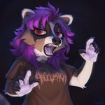 anthro black_background black_claws black_clothing black_shirt black_topwear claws clothing female hair open_mouth purple_hair red_eyes shirt simple_background solo topwear lostgoose mammal procyonid raccoon 1:1 2024 hi_res