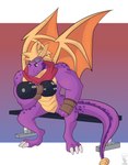 aged_up anthro anthrofied bench border clothing digitigrade exercise eyewear eyewear_on_head fingerless_gloves gloves goggles goggles_on_head gradient_background handwear horn male muscular muscular_anthro muscular_male purple_body simple_background tail weightlifting white_border workout donttouchmylasagna activision mythology spyro_the_dragon balloonist_spyro spyro dragon mythological_creature mythological_scalie scalie 2022 hi_res