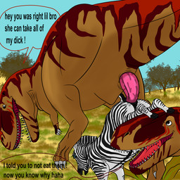 anal anal_penetration animal_genitalia animal_penis animal_vulva anus bodily_fluids brown_body butt claws equine_anus equine_genitalia erection female female_penetrated feral feral_on_feral feral_penetrated feral_penetrating feral_penetrating_feral fur genital_fluids genitals group group_sex interspecies male male/female male_penetrating male_penetrating_female open_mouth penetration penile penis puffy_anus savanna sex sharp_teeth smile smiling_at_another stripes tail teeth text tongue trio fuckermare allosauroid carcharodontosaurid carcharodontosaurus dinosaur equid equine mammal prehistoric_species reptile saurischian scalie theropod zebra 1:1 digital_media_(artwork) english_text hi_res