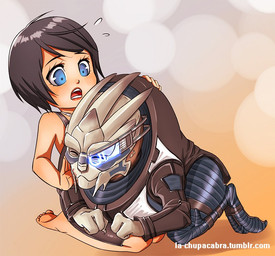 2_toes 5_toes chibi claws clothing dress duo eyes_closed feet female hair kneeling loafing male open_mouth smile surprised toes unknown_artist bioware electronic_arts mass_effect garrus_vakarian alien human humanoid mammal turian 2016