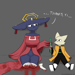 amputee anthro bandage bandaged_leg black_clothing black_eyes blood blood_on_clothing blood_on_hand blood_trail bodily_fluids breasts clothed clothing disability duo ear_piercing eyelashes female footwear forehead_gem fur gem halo missing_leg open_mouth piercing simple_background sitting smile smoking_pipe teeth text topwear white_body white_fur wings yellow_clothing notmypornaccount nine_sols red_candle_games goumang_(nine_sols) yi_(nine_sols) felid feline mammal solarian 1:1 2025 absurd_res digital_media_(artwork) english_text hi_res