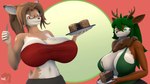 anthro antlers big_breasts breasts buckteeth cake cleavage clothed clothing dessert duo eyewear female food glasses green_hair hair horn huge_breasts mature_female revamped_anthros scut_tail short_tail size_difference tail teeth topwear tube_top donglysfm fiona_fawnbags_(dullvivid) tea_tree_(donglysfm) deer mammal 16:9 3d_(artwork) 4k absurd_res digital_media_(artwork) half-length_portrait hi_res portrait source_filmmaker_(artwork) widescreen