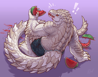 anthro clothed clothing detailed_scales eating exclamation_point food fruit male melon plant red_eyes scales solo tail topless topless_anthro topless_male underwear underwear_only watermelon white_body white_scales white_tail rollwulf korboryn crocodile crocodilian reptile scalie 2020 colored detailed hi_res