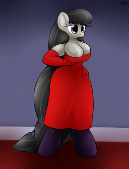 anthro boots breasts clothing dress eyelashes female footwear gloves handwear inflatable_suit lipstick makeup shoes smile solo the-furry-railfan friendship_is_magic hasbro my_little_pony octavia_(mlp) equid equine horse mammal pony 2019 hi_res