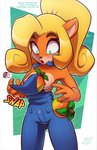 2021 5_fingers activision airborne_object anthro areola bandicoot black_nose blonde_hair blush breasts button_(fastener) button_pop clothed clothing coco_bandicoot countershading crash_bandicoot_(series) female fingers food fruit fur green_background green_eyes hair long_hair mammal marsupial nipples onomatopoeia open_mouth orange_body orange_fur overalls overalls_only plant ponytail simple_background snap solo sound_effects surprise text the_other_half torn_clothing url wardrobe_malfunction watermark wide_eyed wide_hips wumpa_fruit