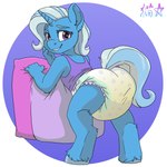 1:1 ageplay blue_body blue_hair blue_tail bodily_fluids bottomwear clothed clothing diaper embarrassed equid equine female feral friendship_is_magic furgonomic_bottomwear furgonomics genital_fluids grabbing_pillow hair hasbro hi_res hooves horn infantilism leaning looking_at_viewer looking_back mammal my_little_pony mythological_creature mythological_equine mythology pattern_diaper pillow purple_eyes roleplay shirt smile solo standing stargal_galexi tail tank_top teeth topwear trixie_(mlp) unicorn urine wet_diaper wetting wetting_diaper