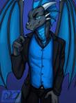 2019 4_fingers anthro arc_the_derg bedroom_eyes black_body black_scales blue_background blue_body blue_countershading blue_eyes blue_scales blue_theme bottomwear button-up claws clothed clothing countershade_tail countershade_torso countershading denim denim_bottomwear denim_clothing dragon fingers frill_(anatomy) front_view gradient_background grey_body grey_scales half-closed_eyes hand_on_leg head_crest head_frill hi_res horn idoodle2draw inviting jeans looking_at_viewer male manly membrane_(anatomy) membranous_frill membranous_wings mythological_creature mythological_scalie mythology narrowed_eyes overshirt pants portrait pose purple_background scales scalie seductive sharp_teeth shirt signature simple_background smile smirk solo spikes standing suit tail teasing teeth topwear vest wings