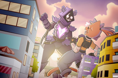 anthro belt bodily_fluids bottomwear breasts city clothing detailed_background duo dusk eye_scar facial_scar featureless_crotch female fight fist hair hoodie macro macro_female metal_gloves pants ponytail purple_body scar sweat topwear vest yellow_clothing yellow_topwear jarethnerl epic_games fortnite cate_meowdy raven_team_leader bear mammal hi_res signature
