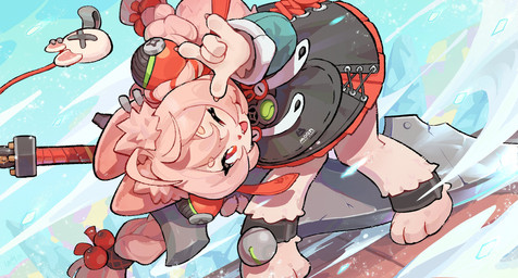3_toes 5_fingers ahoge anklet anthro barefoot big_sword braided_pigtails claws clothed clothed_anthro clothed_female clothing ear_piercing ear_ring feet female fingers flat_chested fully_clothed fully_clothed_anthro fully_clothed_female fur gesture hair hand_gesture holding_melee_weapon holding_object holding_sword holding_weapon ily_sign inner_ear_fluff jewelry melee_weapon one_eye_closed overall_dress paws piercing pink_body pink_fur pink_hair red_eyes ring_piercing solo sword toes tuft weapon landypommel mihoyo zenless_zone_zero zhao_(zenless_zone_zero) lagomorph leporid mammal rabbit thiren 2025 absurd_res hi_res