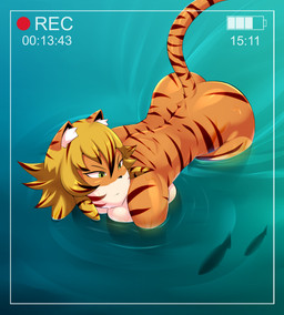 anthro bathing big_breasts big_butt blonde_hair breasts brown_body brown_fur brown_hair brown_stripes butt camera_view female fur green_eyes hair high-angle_view multicolored_body multicolored_fur multicolored_hair orange_body orange_fur outside partially_submerged recording solo stripes text two_tone_hair water white_body white_fur safurantora saffron_(safurantora) aquatic felid fish mammal pantherine tiger absurd_res hi_res