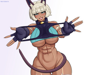 abs arm_scar athletic athletic_female athletic_humanoid bangs barefoot bell bell_collar big_breasts biped blue_eyes blunt_bangs blush blush_lines bob_cut bottomless breasts butt butt_from_the_front cheek_scar clothed clothing collar convenient_censorship covering covering_crotch crop_top curvy_figure dark_body dark_skin eyelashes facial_scar feet female fingerless_gloves fingernails front_view gloves grey_hair hair handwear holding_clothing holding_object holding_panties holding_underwear hourglass_figure leg_scar long_eyelashes long_fingernails looking_at_viewer muscular muscular_female muscular_humanoid nails narrowed_eyes neck_scar one_fang open_mouth open_smile panties presenting_panties presenting_underwear scar seductive sharp_fingernails sharp_nails shirt short_hair simple_background smile solo spread_panties standing tail tail_censorship tail_covering_crotch text thick_thighs thigh_scar topwear under_boob underwear white_background wide_hips westernts panties_trend skullgirls nadia_fortune animal_humanoid cat_humanoid felid felid_humanoid feline feline_humanoid humanoid mammal mammal_humanoid 2026 absurd_res artist_name digital_media_(artwork) hi_res portrait three-quarter_portrait