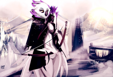 anthro arrow_(weapon) beak biped black_clothing black_topwear bow_(weapon) breasts clothed clothing cold detailed_background feathers featureless_crotch female holding_object holding_weapon ice multicolored_body multicolored_feathers non-mammal_breasts orange_eyes purple_body purple_feathers quiver_(object) ranged_weapon snow solo topwear two_tone_body two_tone_feathers weapon white_body white_breasts white_feathers year dirtyscoundrel eve_snow avian bird horned_owl owl snowy_owl true_owl 2017 digital_media_(artwork) digital_painting_(artwork) hi_res light_theme painting_(artwork) signature
