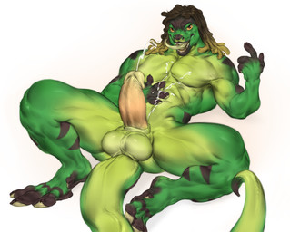 anthro balls big_balls big_penis bodily_fluids claws cum cum_on_chest cum_on_self dreadlocks ejaculation erection genital_fluids genitals green_body green_scales humanoid_genitalia humanoid_penis long_tongue lying male muscular on_back penis scales simple_background solo tongue tongue_out white_background shepherdart gecko lizard reptile scalie absurd_res hi_res