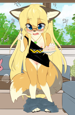 4_toes 5_fingers after_transformation age_regression aged_down anthro areola arm_tuft big_eyes big_tail biped bite_mark black_clothing black_eyewear black_glasses black_topwear blonde_eyebrows blonde_hair blue_bottomwear blue_clothing blue_eyes blush bottomless bottomless_anthro bottomless_female bottomwear bottomwear_down breasts brown_ears brown_nose cake claws clothed clothing cloud confusion cutlery dessert dipstick_tail ear_piercing ears_down eating_cake emanata eyebrow_through_hair eyebrows eyelashes eyelashes_through_hair eyewear feet female fingers flat_chested food furniture genitals glasses gold_(metal) gold_ear_piercing gold_jewelry gold_necklace gold_nipple_piercing gold_piercing green_heart hair heart_locket holding_food holding_object holding_plate holding_spoon innie_vulva interrobang jewelry kitchen_utensils leaf locket long_eyelashes long_hair long_tail looking_down markings necklace nipple_piercing nipple_slip nipples no_underwear open_mouth paws piercing pink_areola pink_nipples pink_tongue pivoted_ears plant plant_pot plate plushie poof poof_effect poof_transformation potted_plant shoulder_tuft sky small_breasts smoke sofa solo spoon tail tail_markings text text_on_clothing toe_claws toes tongue tools topwear transformation translucent translucent_hair tuft vulva wardrobe_malfunction wearing_glasses white_fingers white_hands white_inner_ear white_paws white_tail_tip white_text window window_sill young young_anthro young_female aoizuri alien_(franchise) weyland_yutani grace_bryar canid canine fox mammal hi_res
