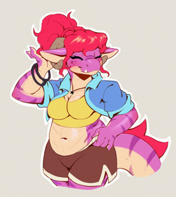 4_fingers anthro blue_clothing blue_jacket blue_topwear blush bottomwear bovid_horn bracelet caprine_horn clothing crop_top dolphin_shorts eyes_closed fangs female fingers fur grey_background hair hand_on_head holding_bottomwear holding_clothing holding_object holding_pants horn jacket jewelry navel necklace pants ponytail ram_horn red_hair shirt simple_background slightly_chubby slightly_chubby_female smile solo tail teeth topwear yellow_clothing yellow_crop_top yellow_shirt yellow_topwear honiart mythology dragon furred_dragon furred_scalie mythological_creature mythological_scalie scalie 2025 absurd_res digital_drawing_(artwork) digital_media_(artwork) hi_res portrait three-quarter_portrait