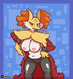 anthro big_breasts big_ears black_body breasts female fire fur genitals inverted_nipples nipples pink_nipples pokemorph red_body red_eyes simple_background solo thick_thighs vulva white_body wide_hips yellow_body goombato_dibujos nintendo pokemon delphox generation_6_pokemon pokemon_(species) hi_res